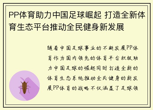 PP体育助力中国足球崛起 打造全新体育生态平台推动全民健身新发展